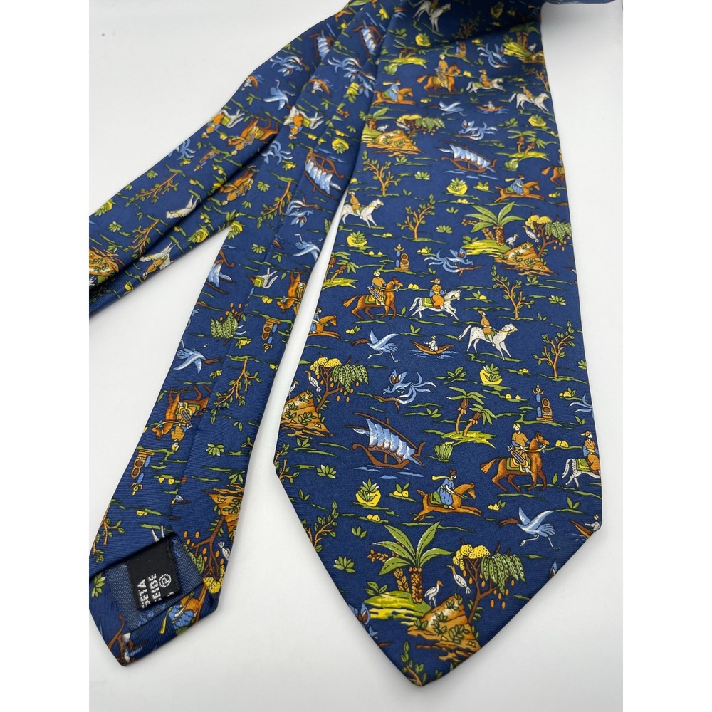 Salvatore Ferragamo Blue Silk Tie Equestrian Nautical Horse Sailing Made Italy